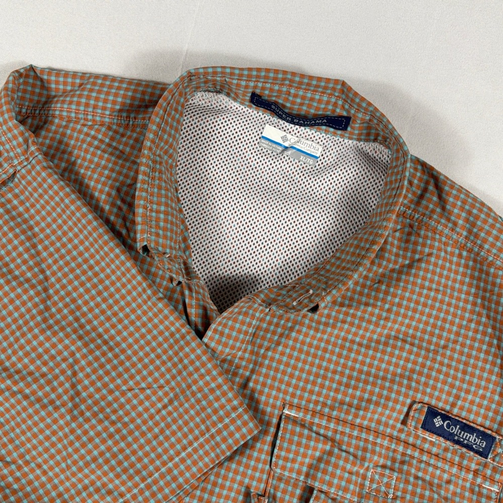 Columbia PFG Super Bahama Fishing Shirt Gingham Plaid Vented XL Orange Blue